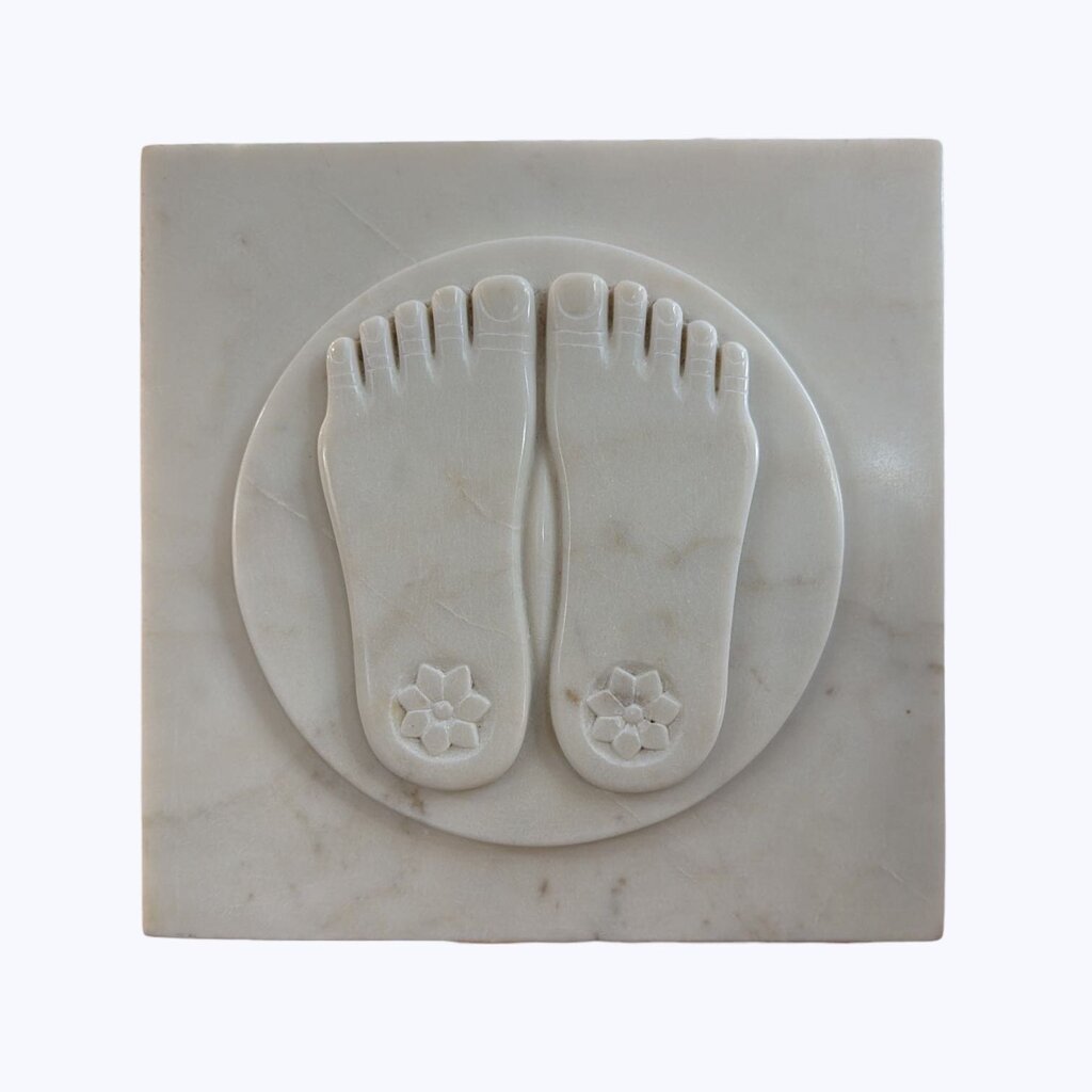 Vintage Sculpture White Makrana Marble known as a Charan Paduka represents the sacred footprint of a Hindu deity
