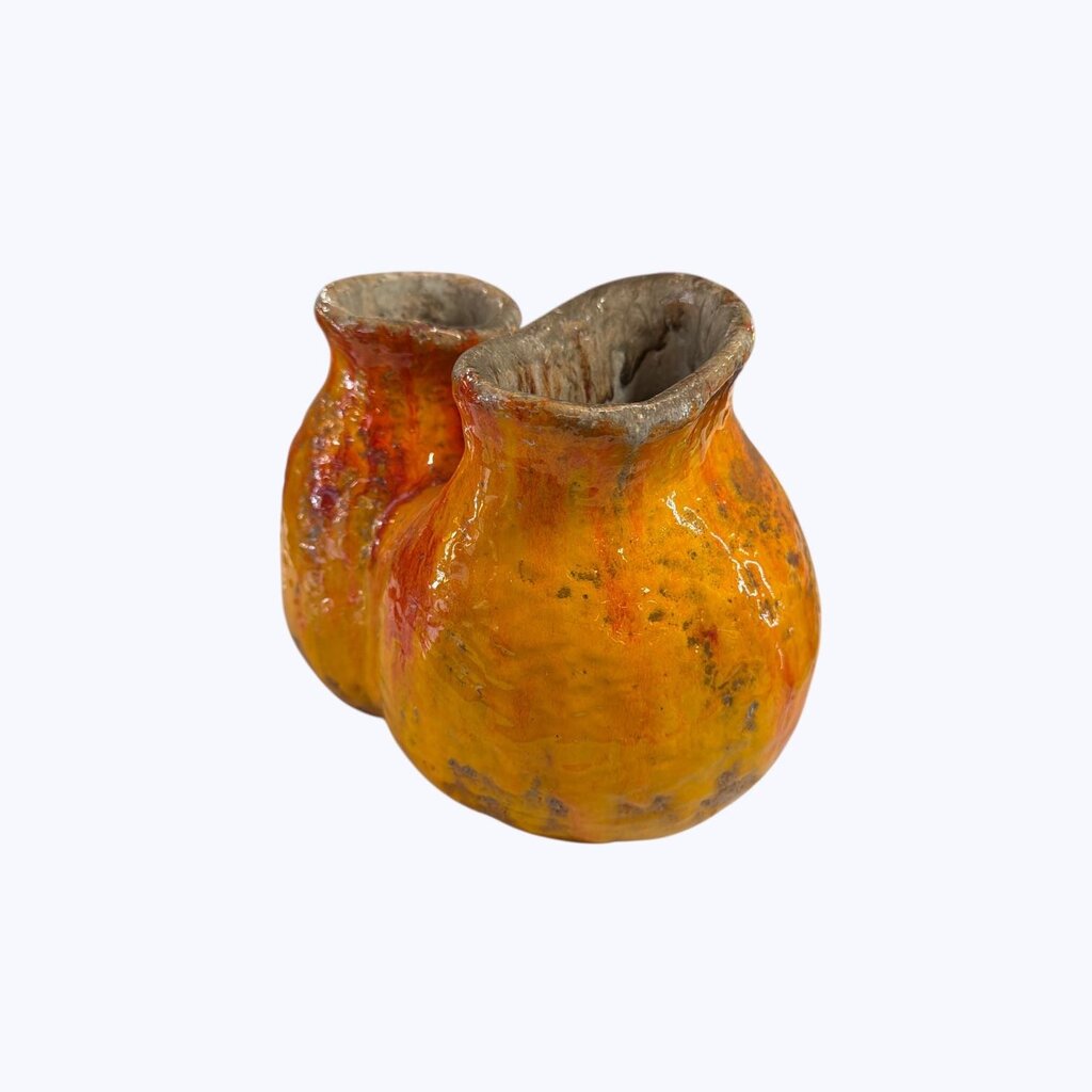 Mid Century Double Spouted Fat Lava Pottery Vase