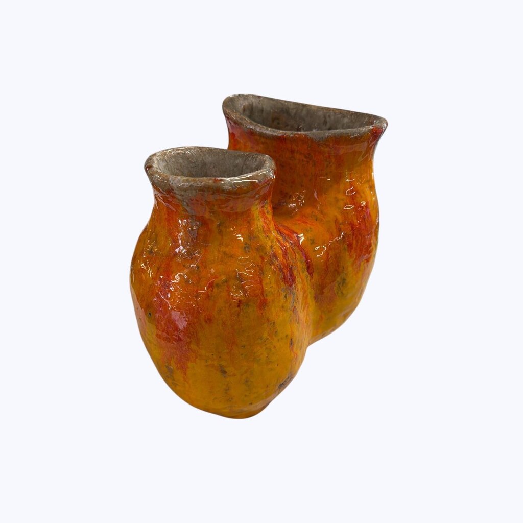 Mid Century Double Spouted Fat Lava Pottery Vase