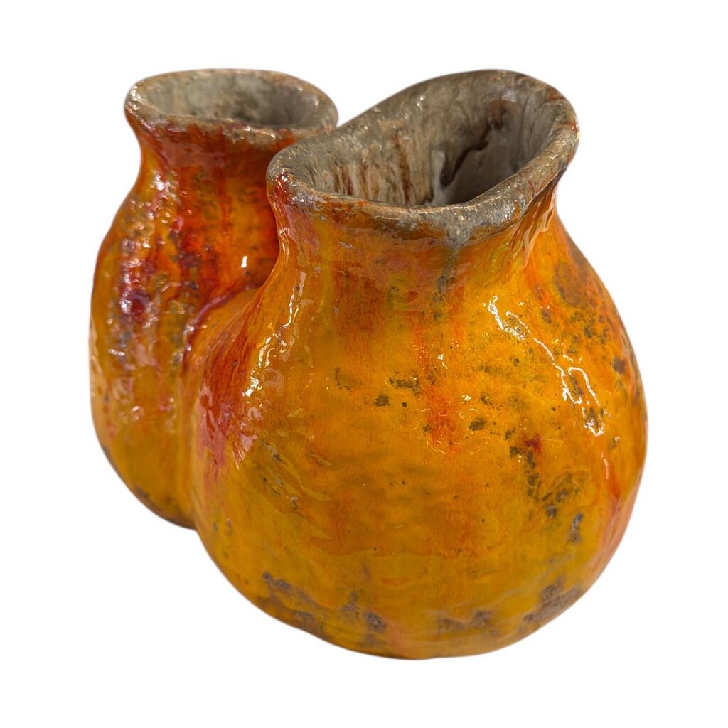 Mid Century Double Spouted Fat Lava Pottery Vase