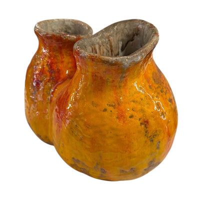 Mid Century Double Spouted Fat Lava Pottery Vase