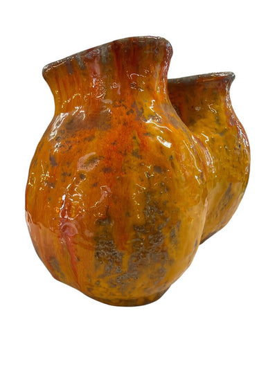 Mid Century Double Spouted Fat Lava Pottery Vase