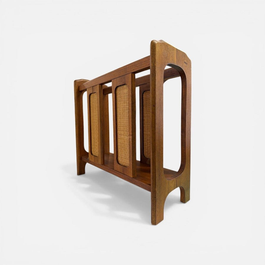 Mid Century Walnut and Rattan Magazine Rack