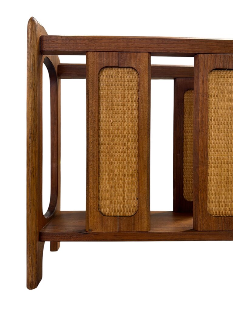Mid Century Walnut and Rattan Magazine Rack
