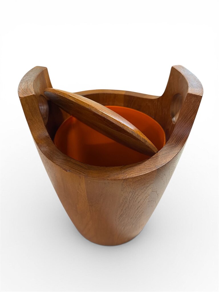 Solid Slaved Teak Mid Century Ice Bucket with RARE Orange Liner