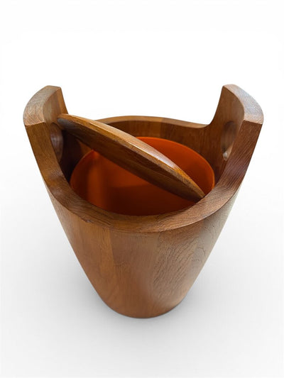 Solid Slaved Teak Mid Century Ice Bucket with RARE Orange Liner