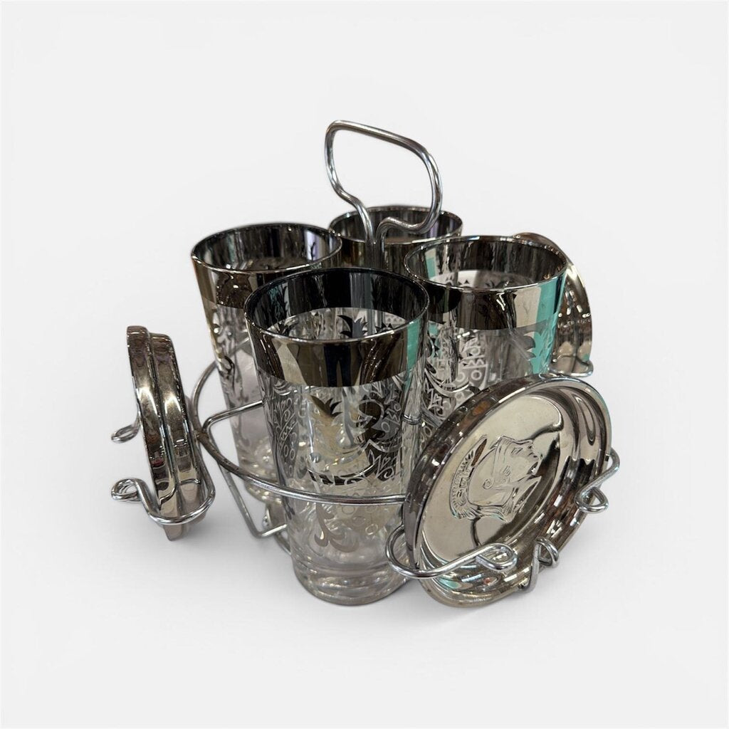 Mid Century Modern Highball and Coaster Set with Chrome Carrier