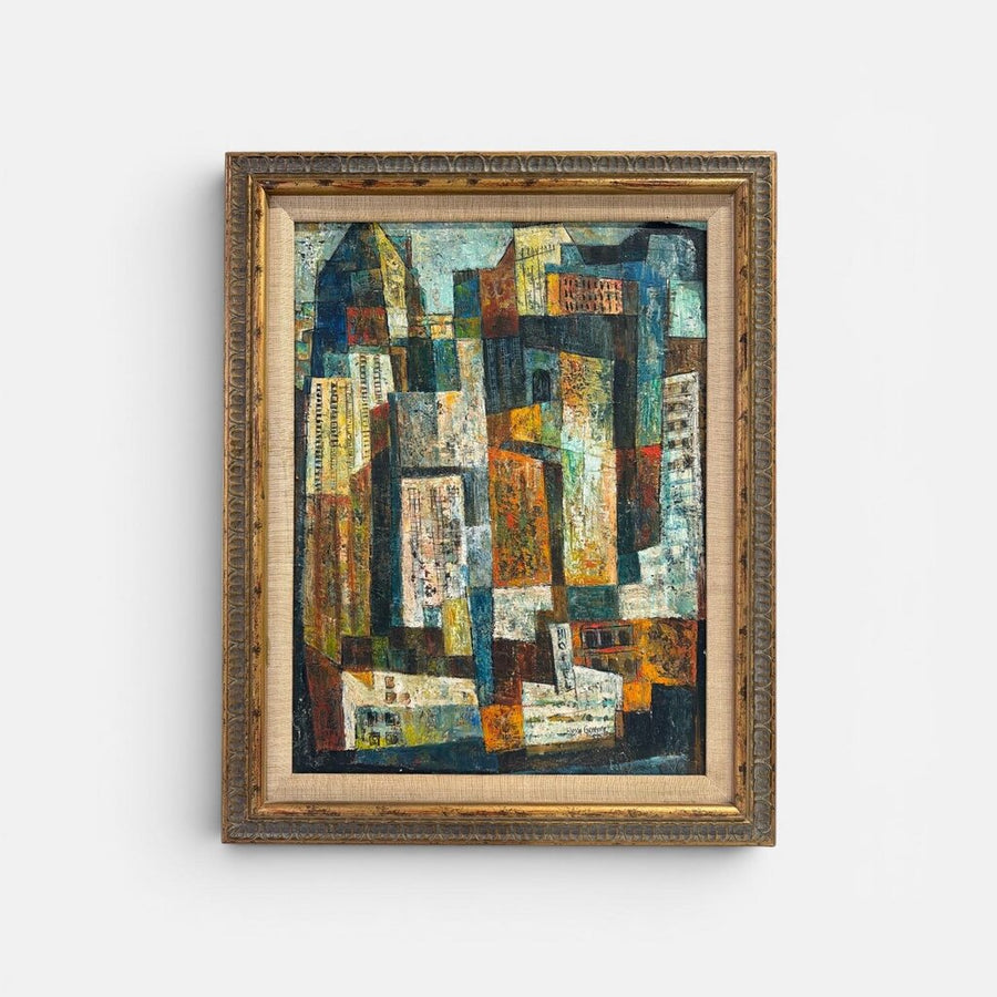 Vintage 1955 Abstract Cubist Streetscene Painting on Masonite by Russa Graeme