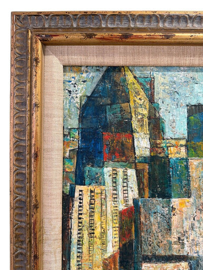 Vintage 1955 Abstract Cubist Streetscene Painting on Masonite by Russa Graeme