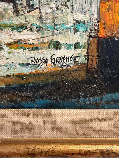 Vintage 1955 Abstract Cubist Streetscene Painting on Masonite by Russa Graeme
