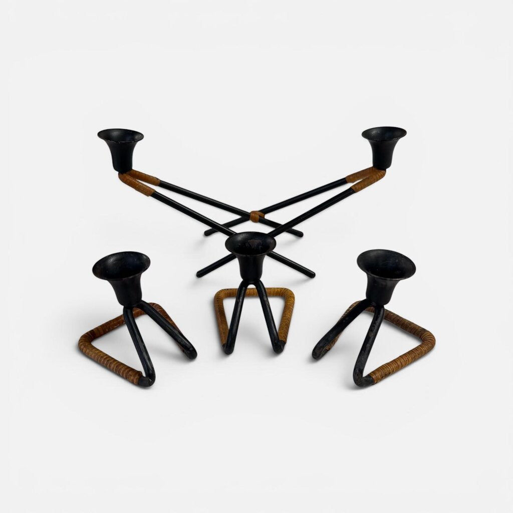 Danish Modern Raffia and Metal 4 Piece Candle Set