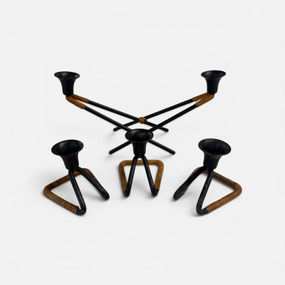 Danish Modern Raffia and Metal 4 Piece Candle Set