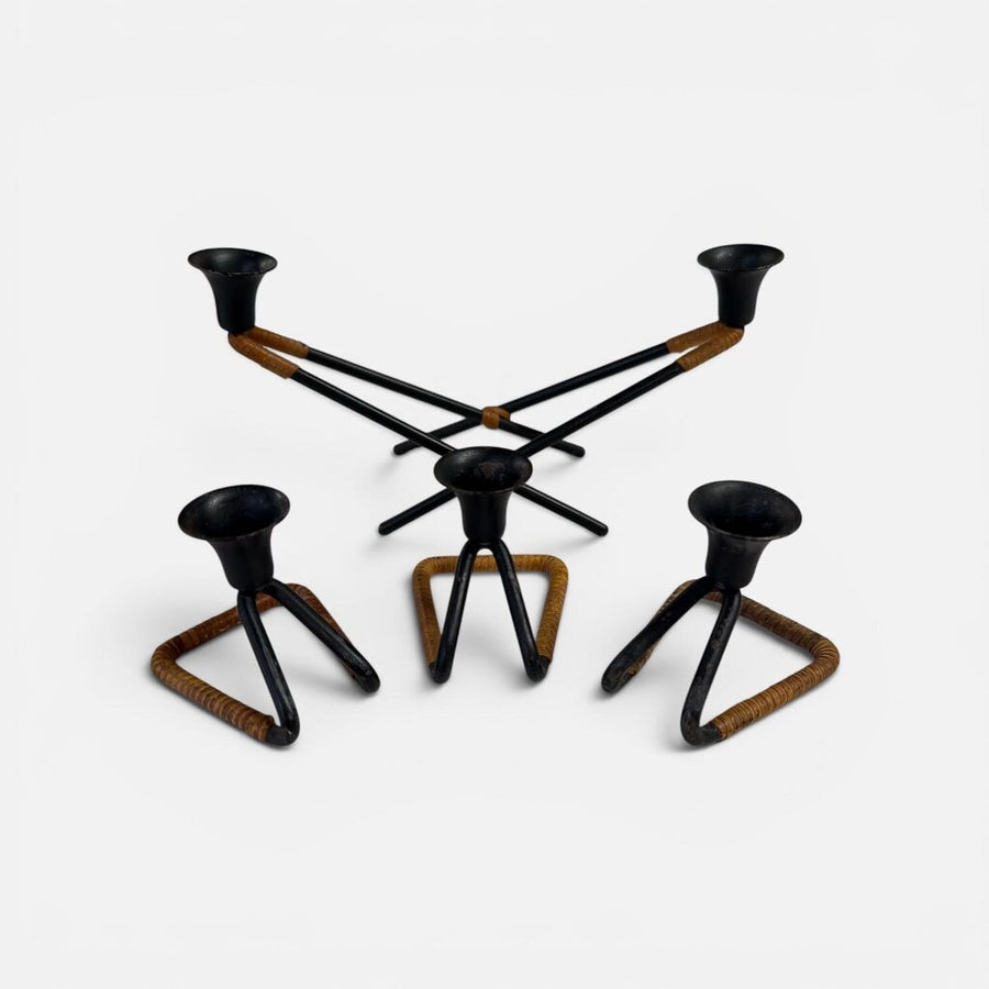 Danish Modern Raffia and Metal 4 Piece Candle Set