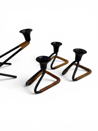 Danish Modern Raffia and Metal 4 Piece Candle Set