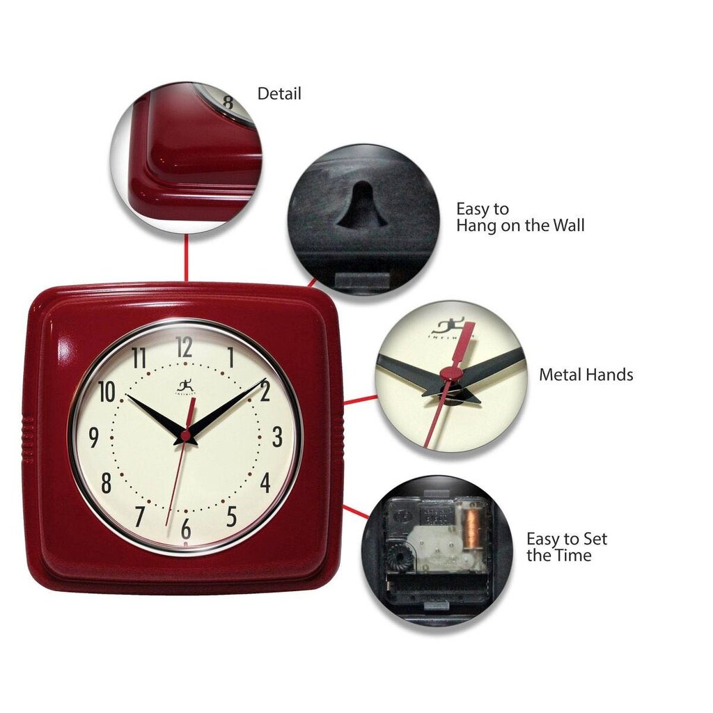 Retro Square Red Indoor Wall Clock 9.25 Inch