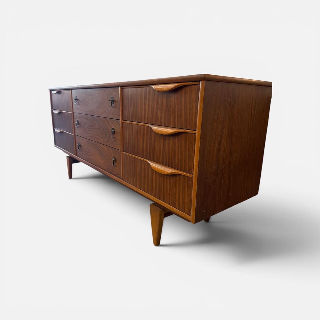 Mid Century Walnut Chest of Drawers Credenza - Super Cool Pulls and Floating Base