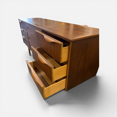Mid Century Walnut Chest of Drawers Credenza - Super Cool Pulls and Floating Base