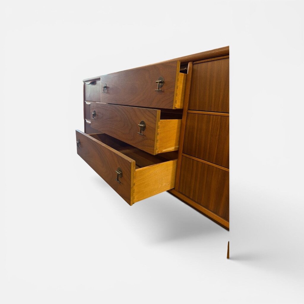 Mid Century Walnut Chest of Drawers Credenza - Super Cool Pulls and Floating Base
