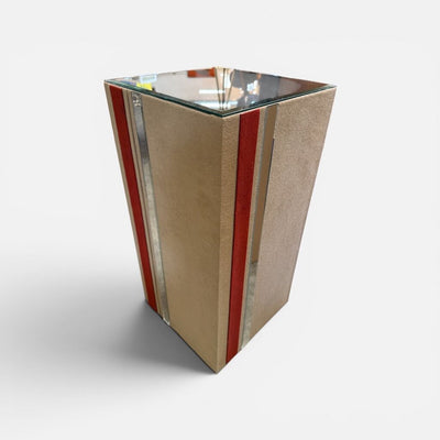 Mid Century Suede Wrapped Pedestal with Mirror Top Small