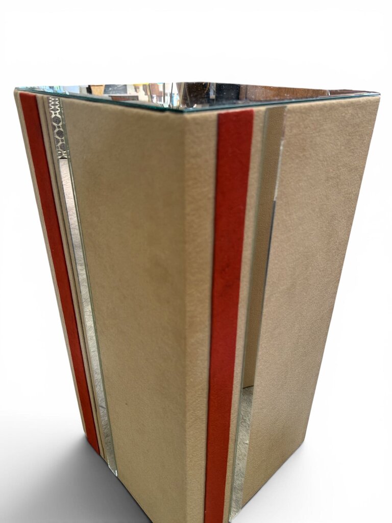 Mid Century Suede Wrapped Pedestal with Mirror Top Small