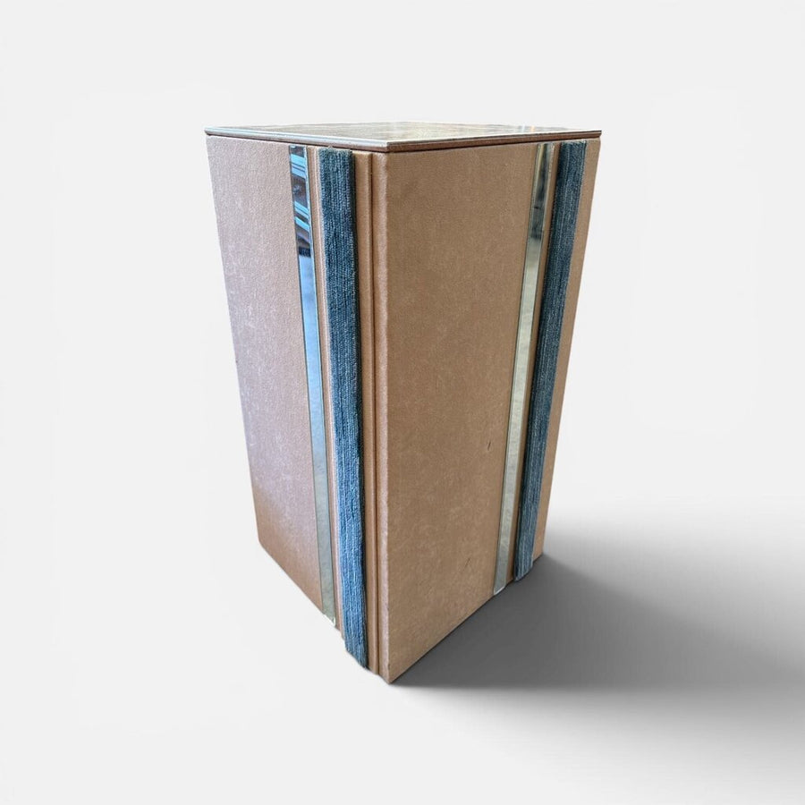 Mid Century Suede Wrapped Pedestal with Mirror Top Small
