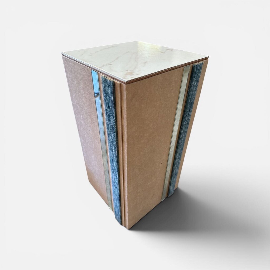 Mid Century Suede Wrapped Pedestal with Mirror Top Small