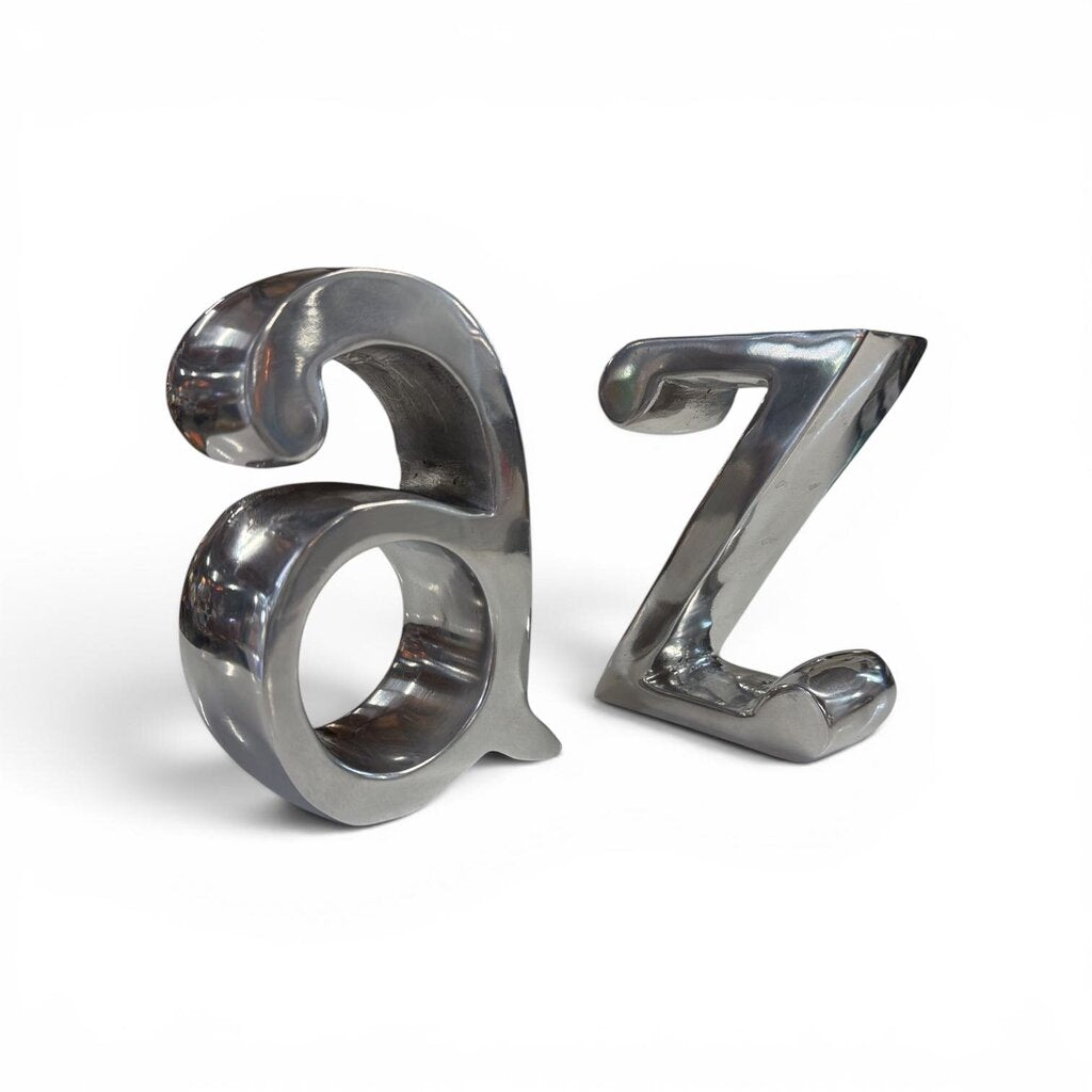 Mid Century Pair of Moderne A-Z Polished Aluminum Bookends