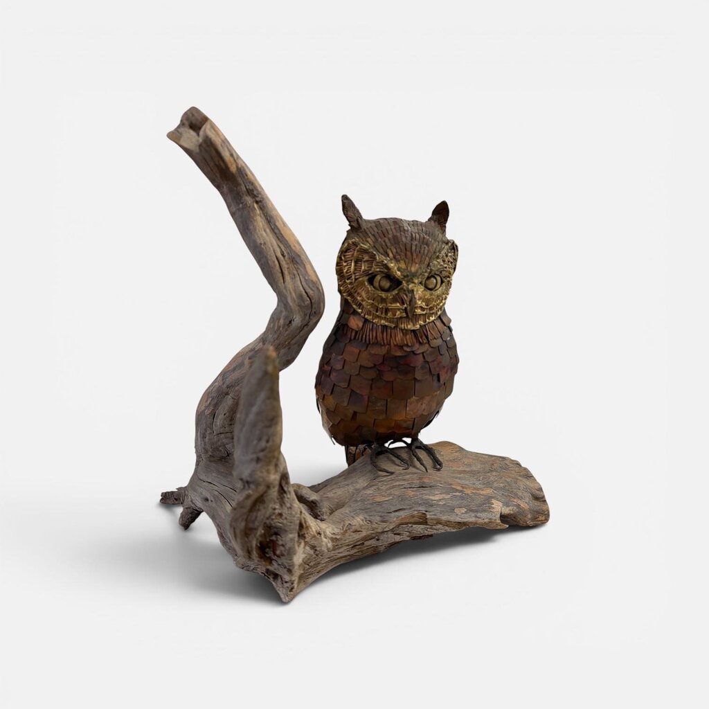 Mid Century Brutalist Brass and Copper Finish OWL on Driftwood Base