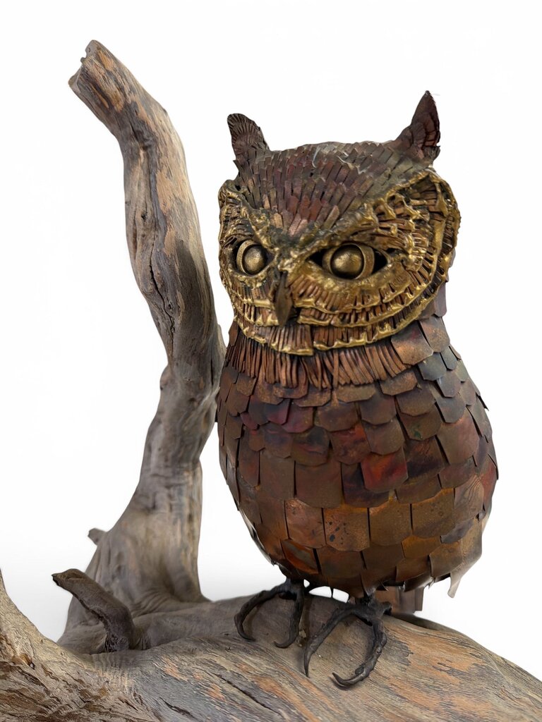 Mid Century Brutalist Brass and Copper Finish OWL on Driftwood Base