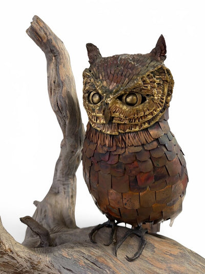 Mid Century Brutalist Brass and Copper Finish OWL on Driftwood Base
