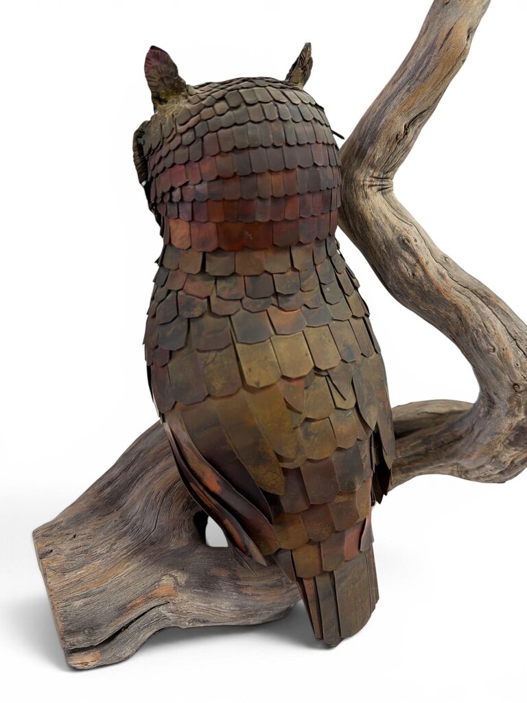 Mid Century Brutalist Brass and Copper Finish OWL on Driftwood Base