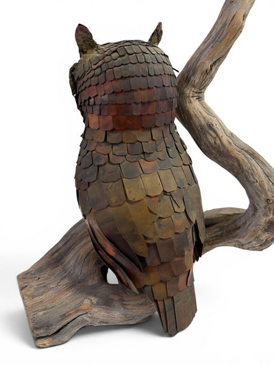 Mid Century Brutalist Brass and Copper Finish OWL on Driftwood Base