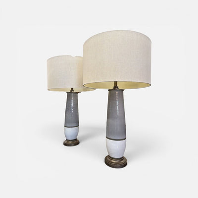 Modern HEAVY Pair of Ceramic Lamps in Gray and Antique Bronzed Trim (Set of 2)