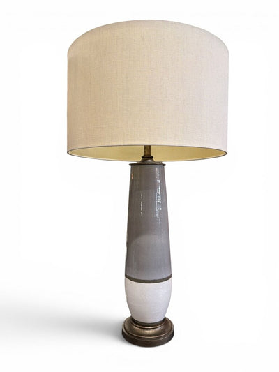 Modern HEAVY Pair of Ceramic Lamps in Gray and Antique Bronzed Trim (Set of 2)