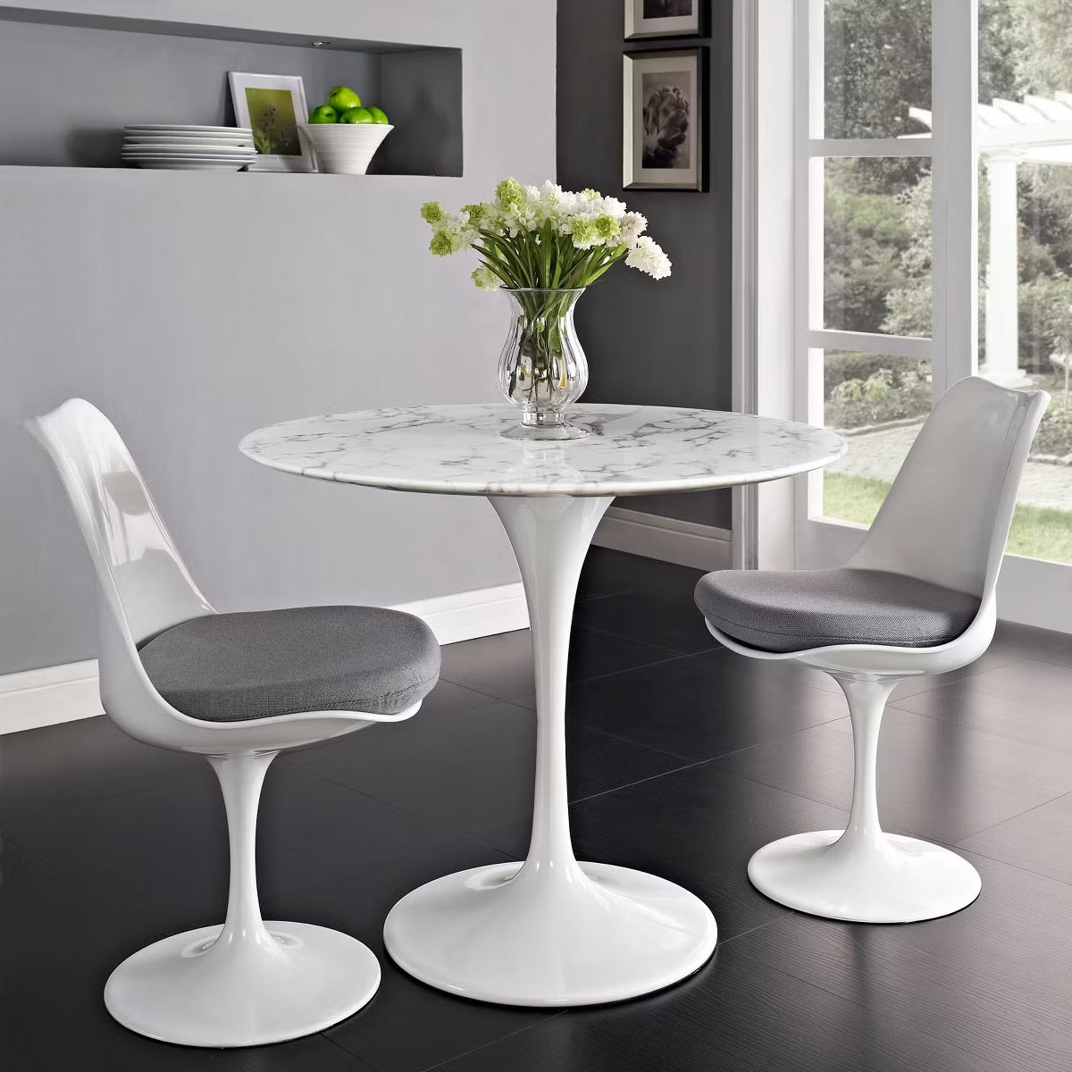 36" Tulip Dining Table with Faux Marble Top and White Base