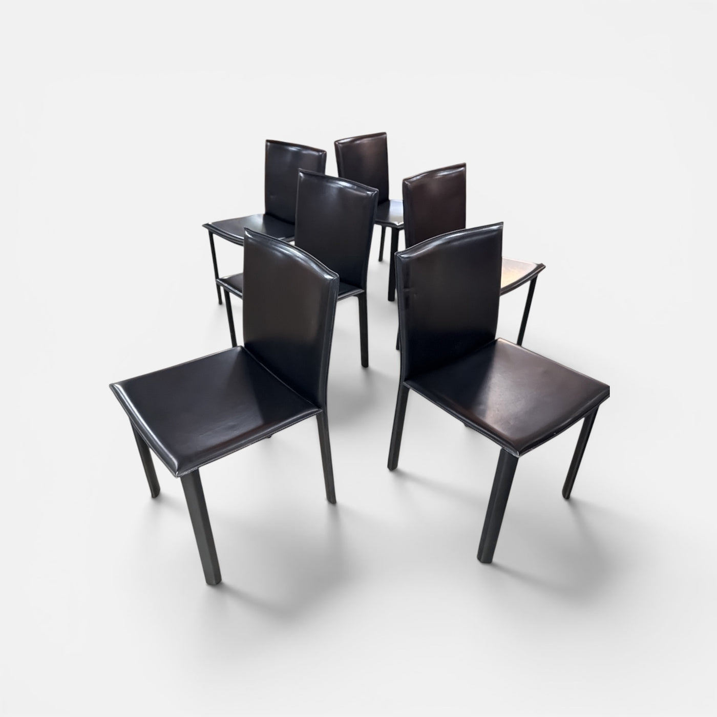 Postmodern Set of 6  Black Leather Dinning Chairs
