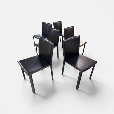 Postmodern Set of 6  Black Leather Dinning Chairs