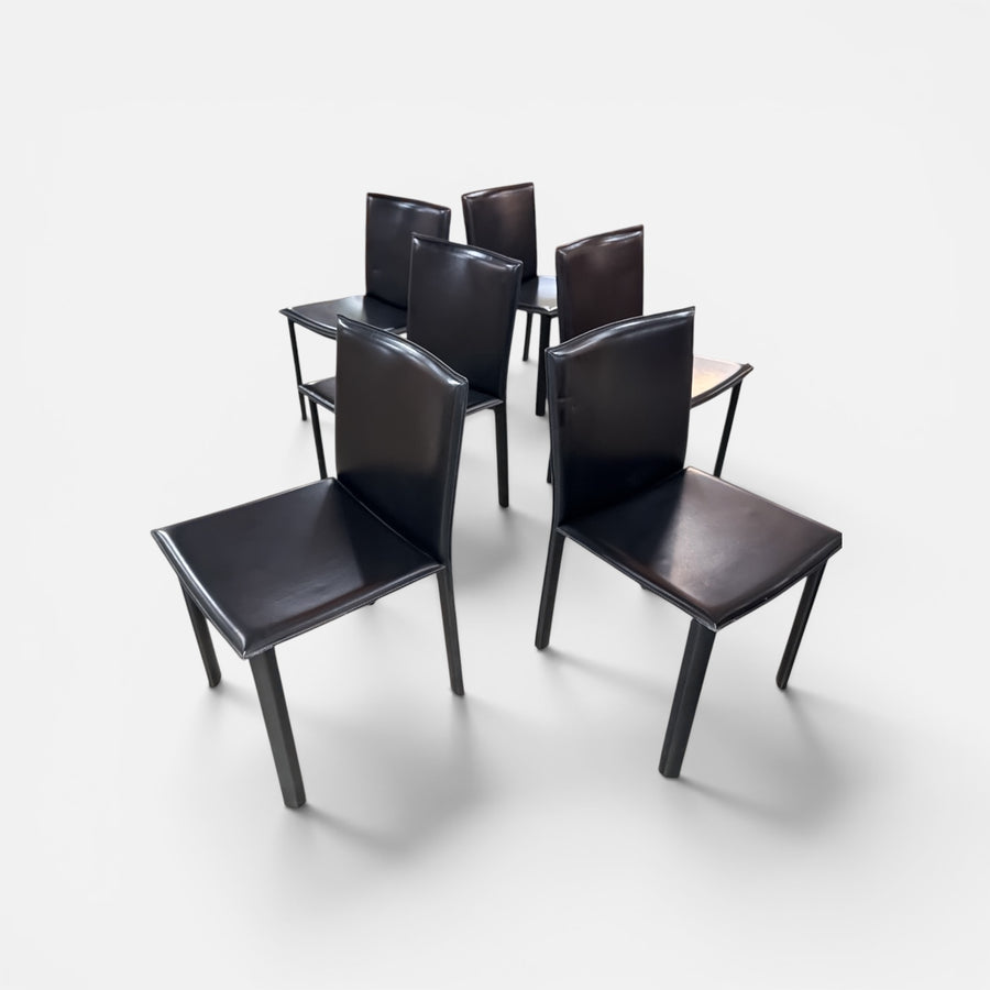 Postmodern Set of 6  Black Leather Dinning Chairs