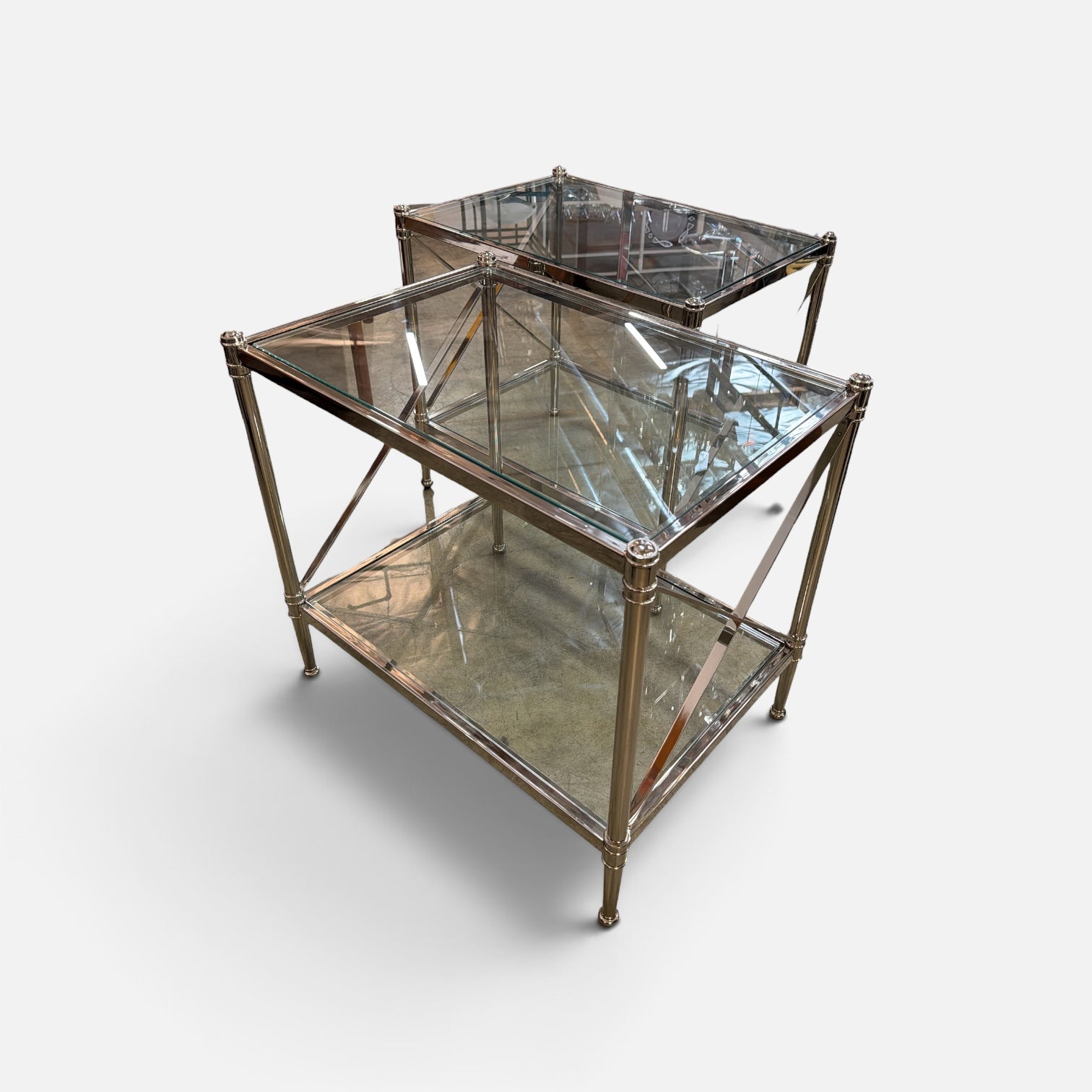 Hollywood Regency Pair of Chrome and Glass End Tables (Set of 2)