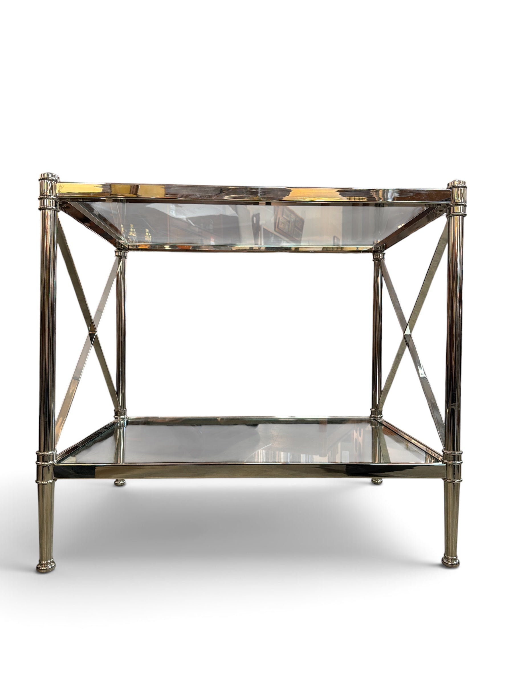 Hollywood Regency Pair of Chrome and Glass End Tables (Set of 2)