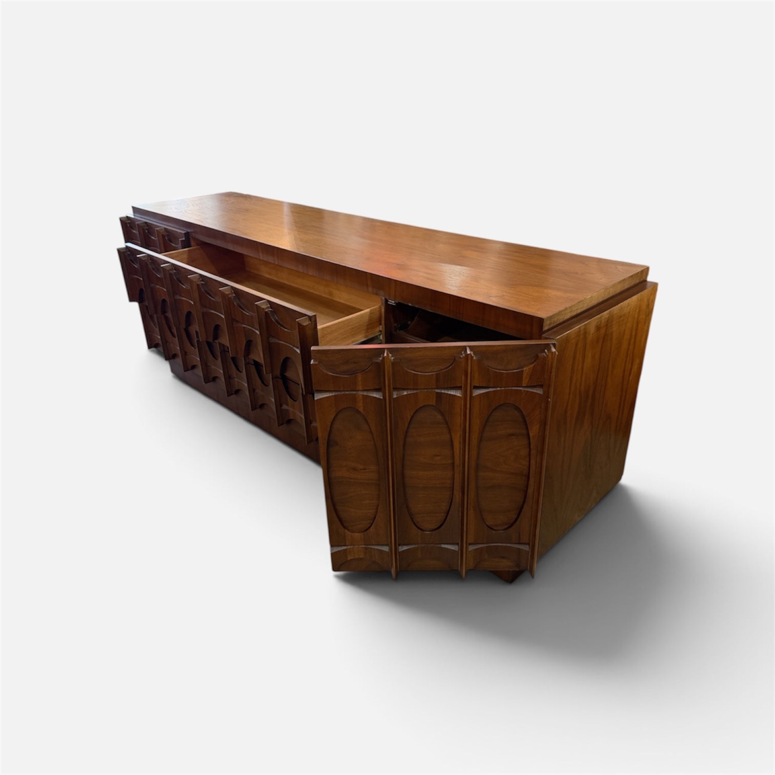 Vintage Tobago Brutalist Walnut 9-Drawer Lowboy Dresser