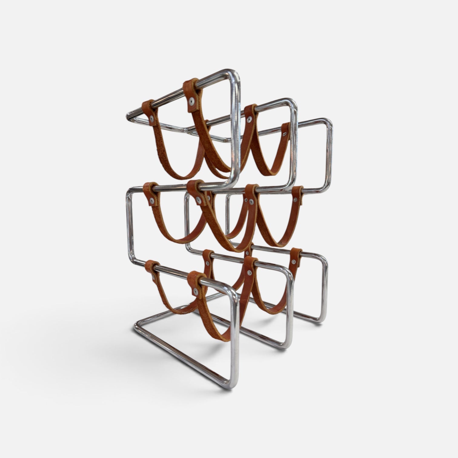 Chrome Post Modern Wine Rack with Leather