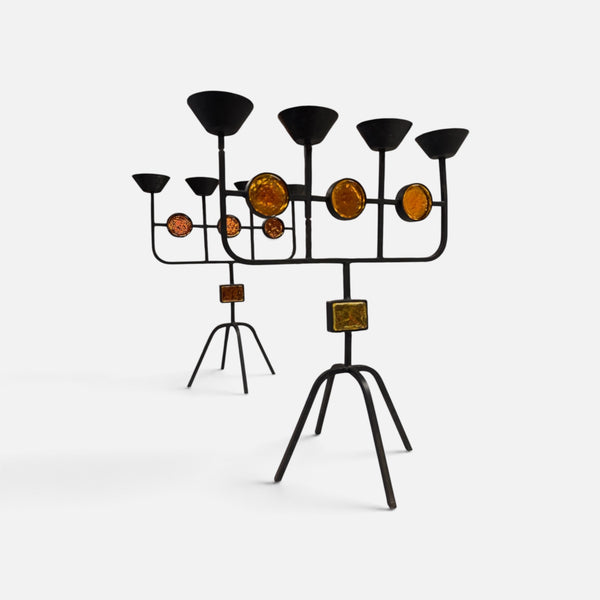 Gunnar Ander for Ystad Metall Pair of Iron + Amber Glass Candelabras with Taper Candles