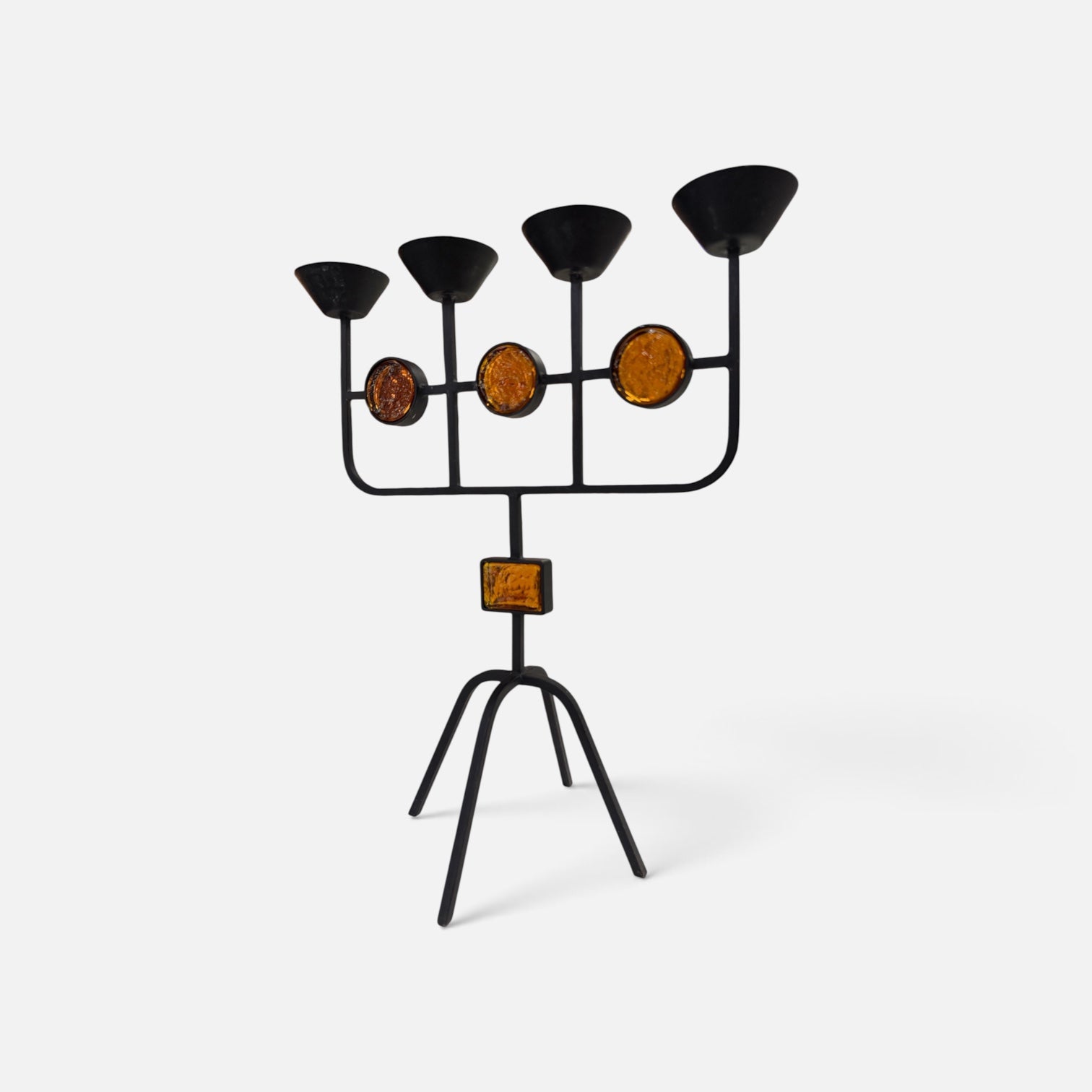 Gunnar Ander for Ystad Metall Pair of Iron + Amber Glass Candelabras with Taper Candles