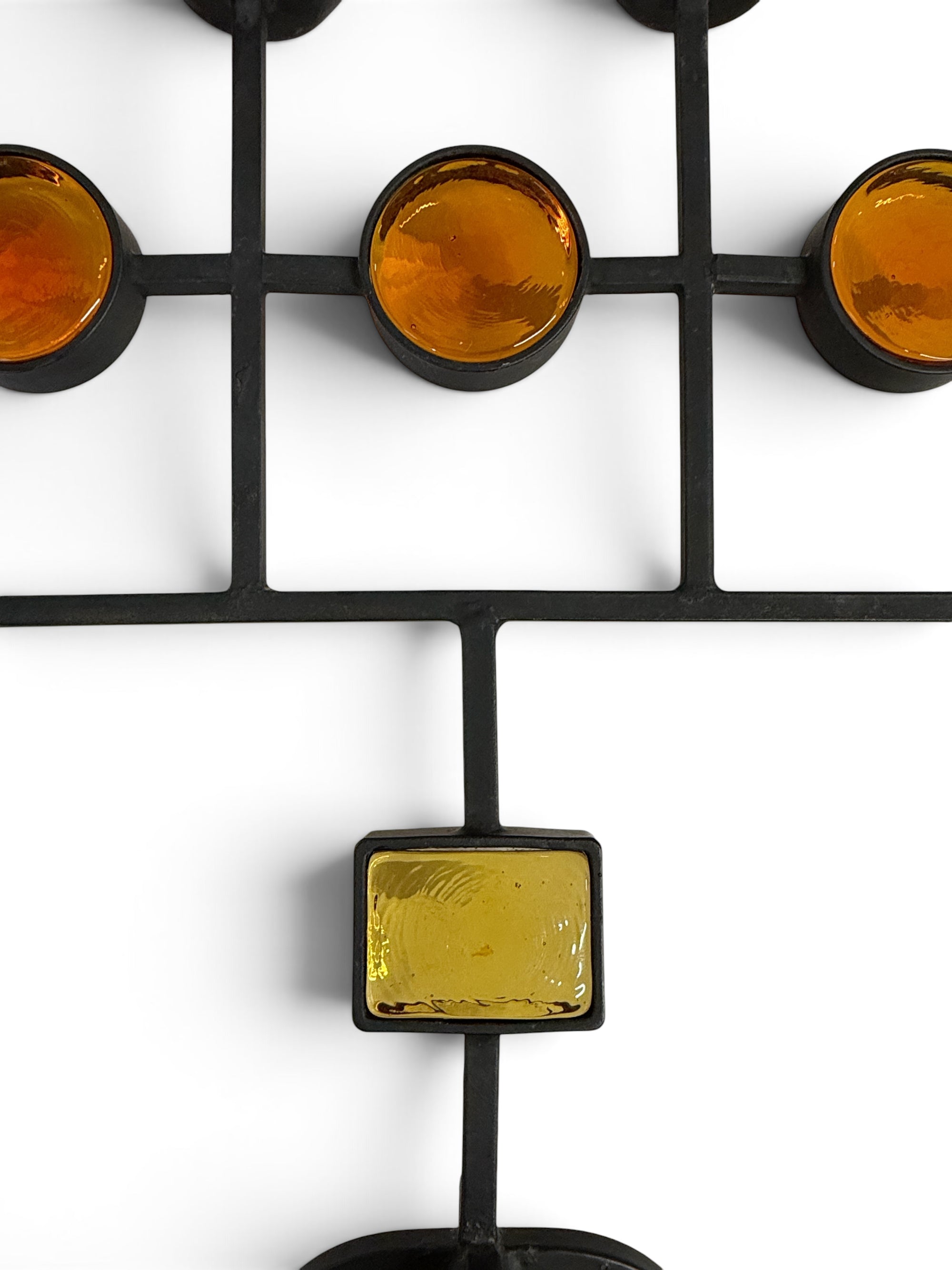 Gunnar Ander for Ystad Metall Pair of Iron + Amber Glass Candelabras with Taper Candles