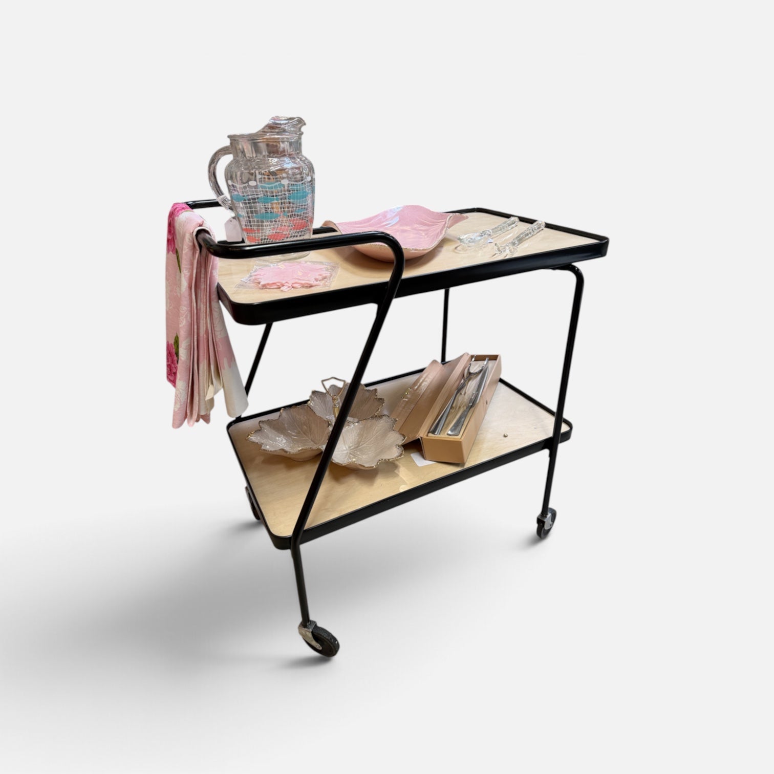 Sleek MCM Black and Faux Wood Serving Cart (17-25M1780)