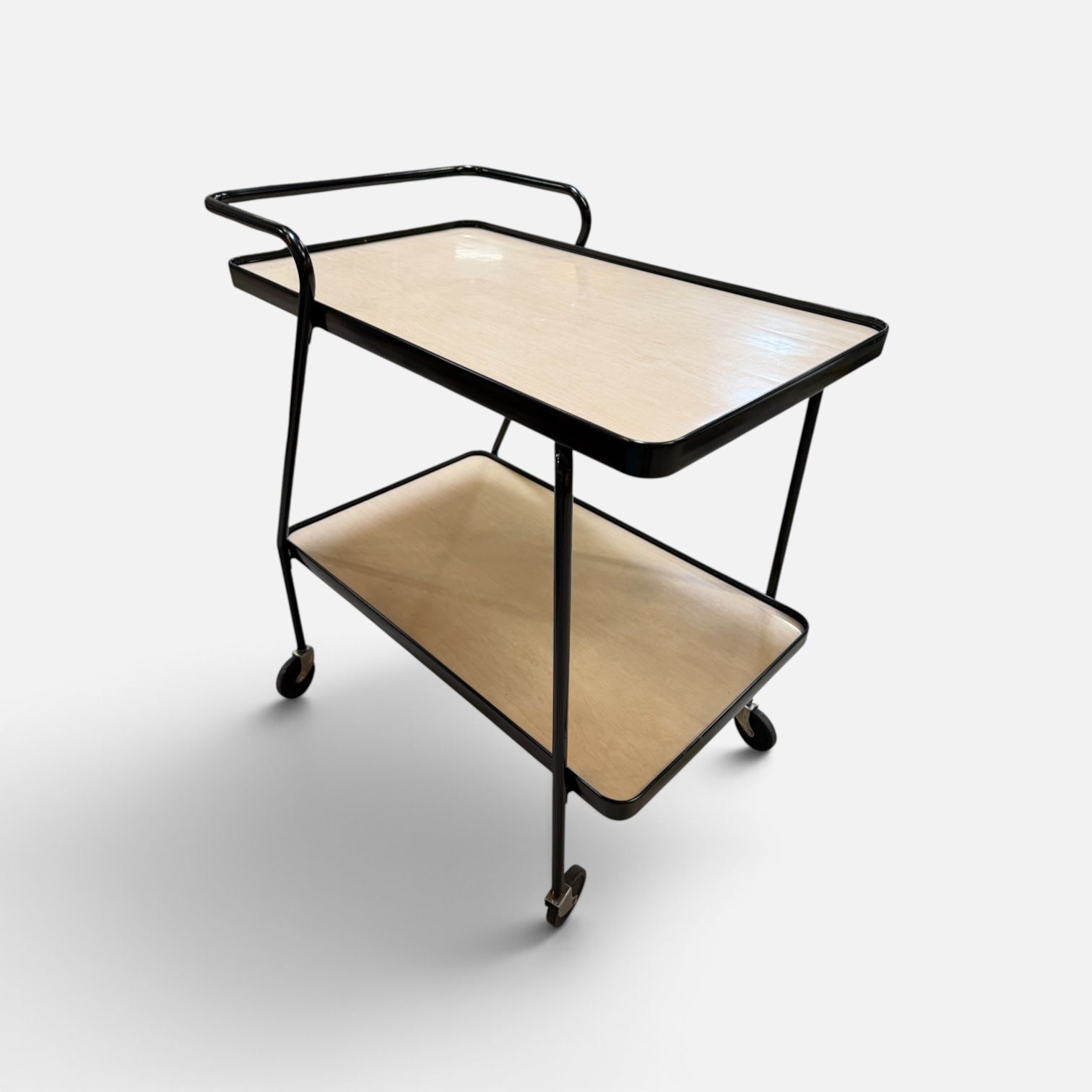 Sleek MCM Black and Faux Wood Serving Cart (17-25M1780)