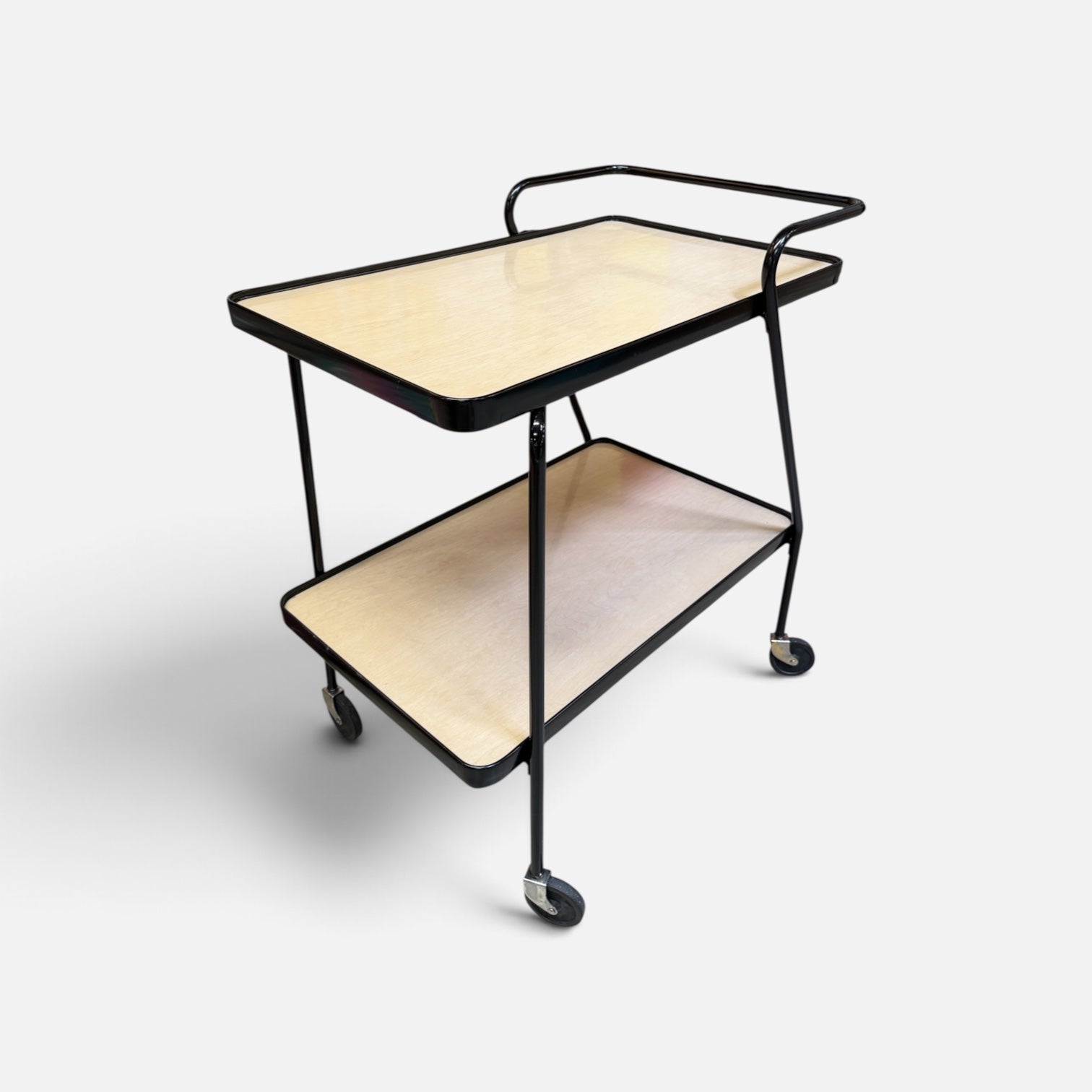 Sleek MCM Black and Faux Wood Serving Cart (17-25M1780)