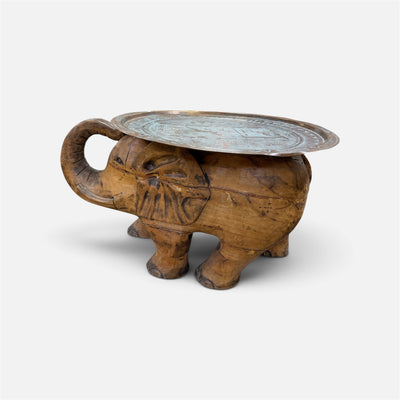 Vintage Carved Elephant with Antique Indian Brass Tray Top