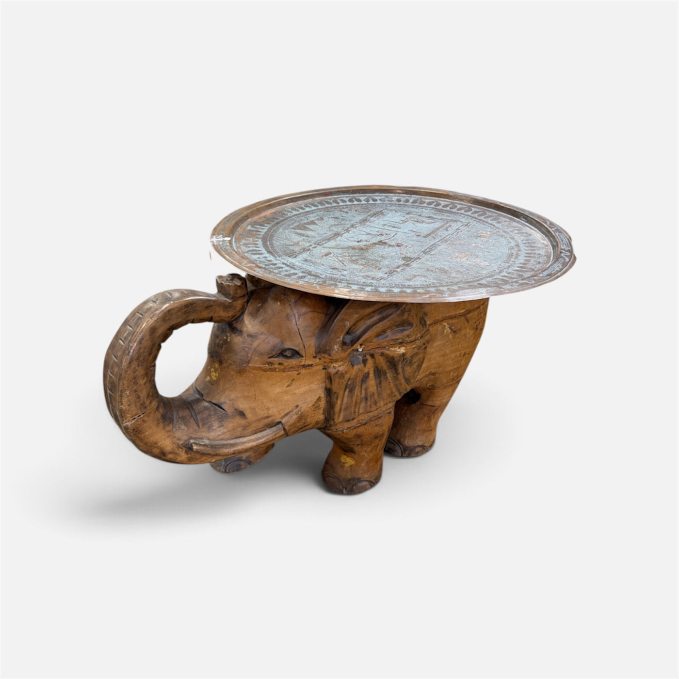 Vintage Carved Elephant with Antique Indian Brass Tray Top